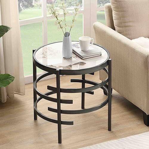 Coffee Table, Marble Stone Silver Living Room Table Modern Round