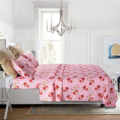 Queen Sheet Set Ultra Soft Breathable Silky Flower Bed Sheets Deep Pocket