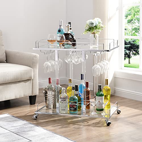 Silver Bar Cart Home Bar Serving Cart with Wine Rack 2-Tier Acrylic