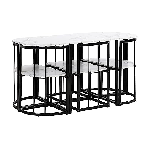 7-Piece Space-Saving Dining Set for 6 with Faux Marble Top, Metal Frame