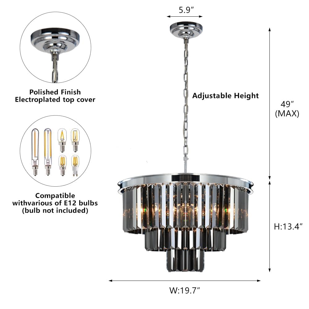 Luxury Smoke Crystal Chrome Chandelier, 8 Lights Pendant