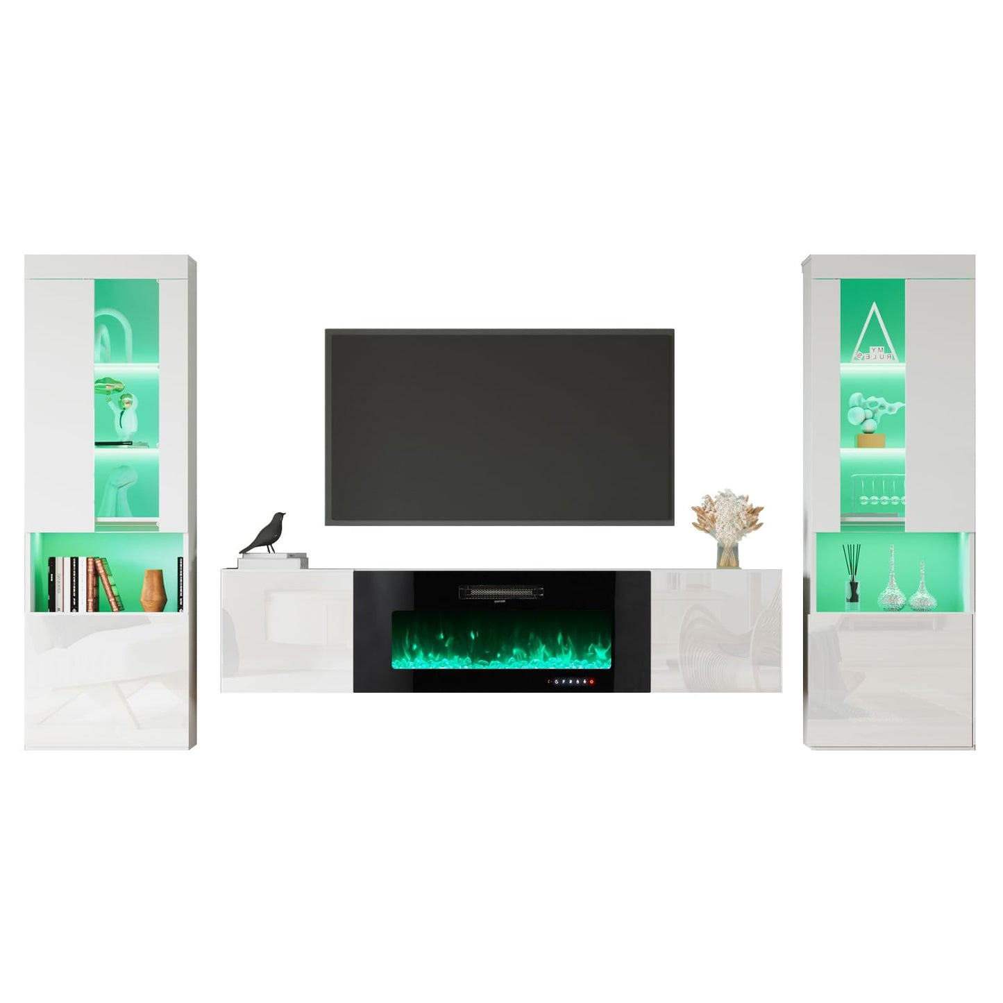 High Gloss Living Room Entertainment Center Including Floating Fireplace