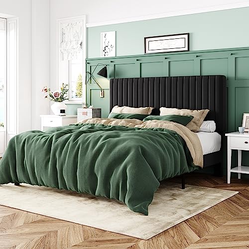 Velvet Upholstered Platform Bed with Adjustable Vertical Channel