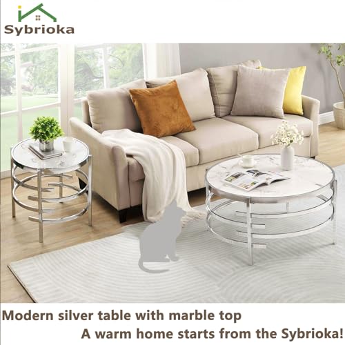 Coffee Table, Marble Stone Silver Living Room Table Modern Round