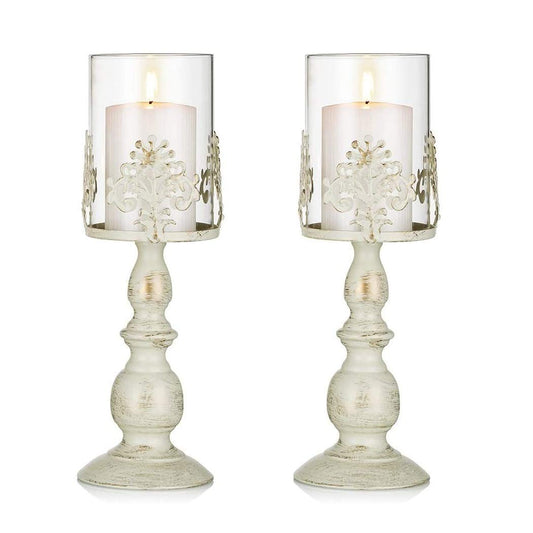 Vintage Distressed Ivory Hurricane Candle Holders 2pcs