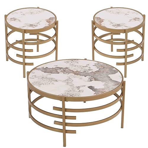 Coffee Table, Marble Stone Silver Living Room Table Modern Round