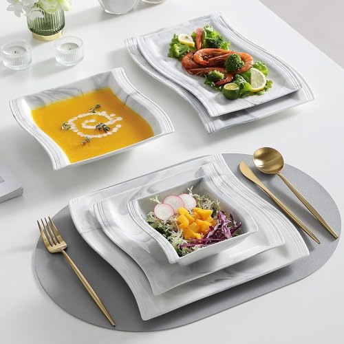 Dinnerware Sets, 12-Piece Porcelain Plates and Bowls Sets, Square Marble