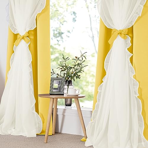 Blackout Window Treatment Double Layer Drapes Ruffle Sheer Overlay 2 Panels