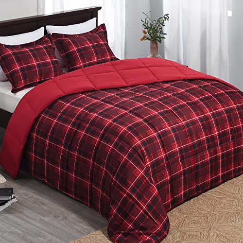 Red and Black Comforter Set Queen Size, Reversible and 2 Pillow Shams