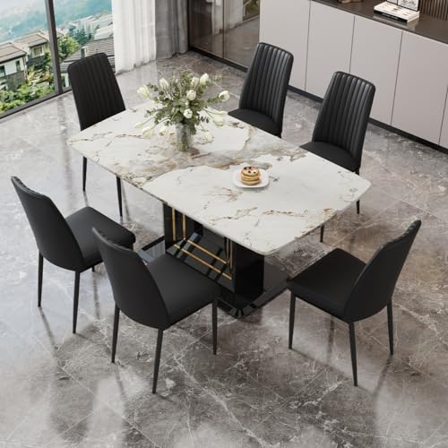 Dining Table Set for 6, White Faux Marble Pattern Table with 6 Modern Dining Chairs