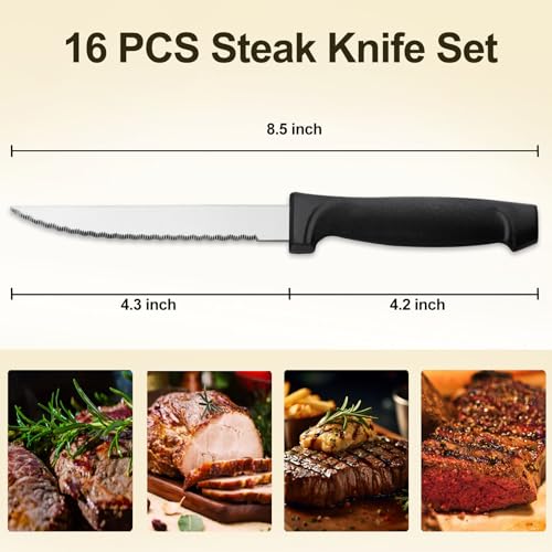 16-Pcs Steak Knives, 8.5 Inch Serrated Knives, Stainless Steel Steak Knives