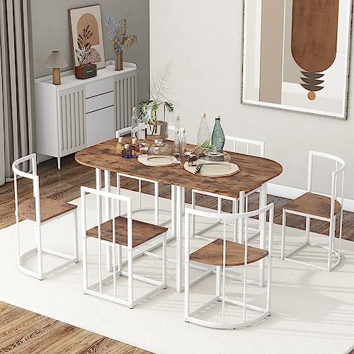 7-Piece Space-Saving Dining Set for 6 with Faux Marble Top, Metal Frame