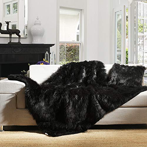 Luxury Plush Faux Fur Blanket King Size, Long Pile Brown with Black