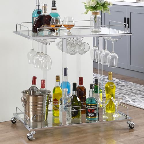 Silver Bar Cart Home Bar Serving Cart with Wine Rack 2-Tier Acrylic