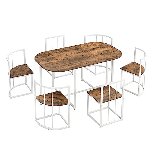 7-Piece Space-Saving Dining Set for 6 with Faux Marble Top, Metal Frame