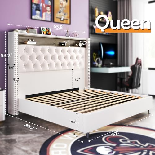 LED King Size Bed Frame and Headboard with Charging Station Velvet Upholstered