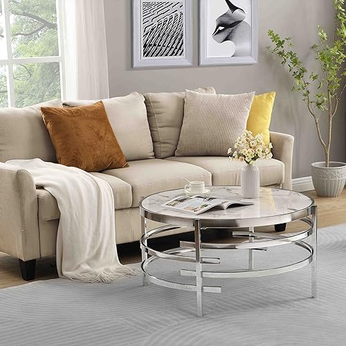 Coffee Table, Marble Stone Silver Living Room Table Modern Round