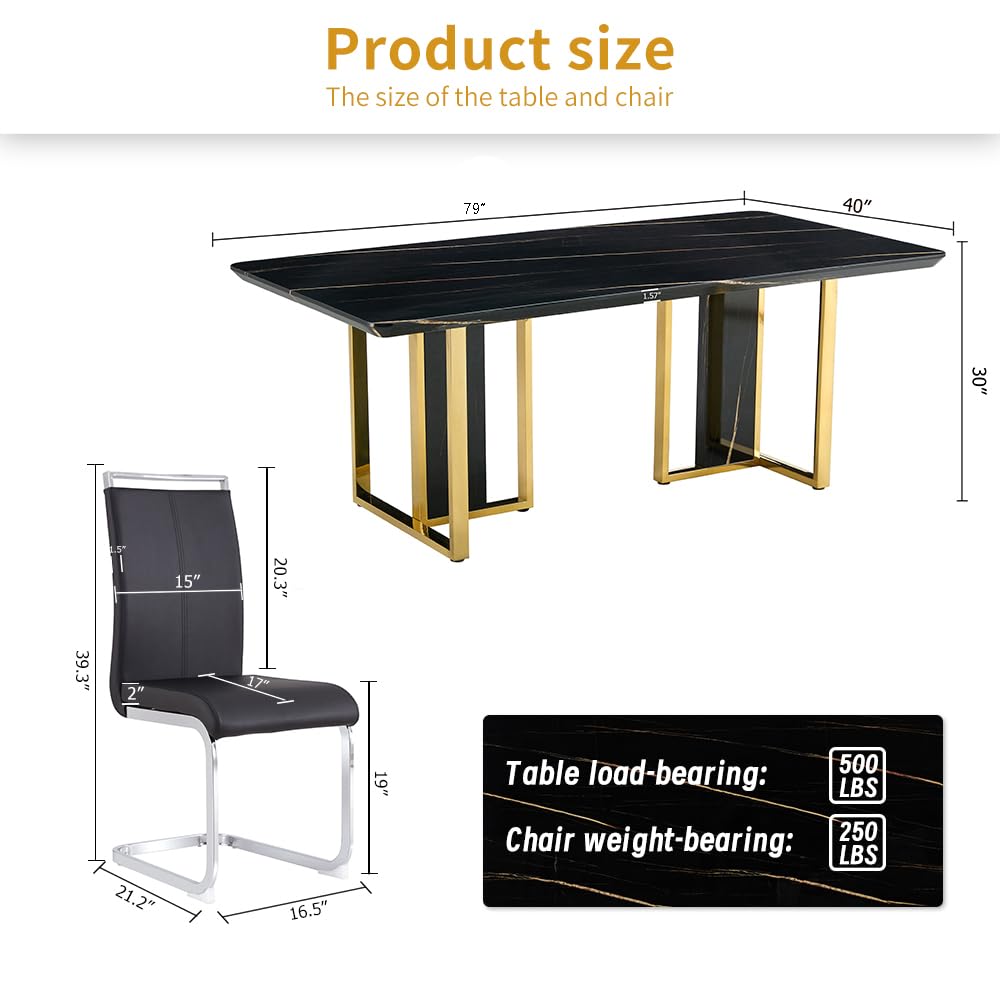 79" Black Modern Dining Table Set for 8,Black Golden Chairs