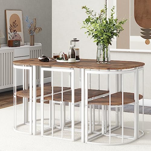 7-Piece Space-Saving Dining Set for 6 with Faux Marble Top, Metal Frame