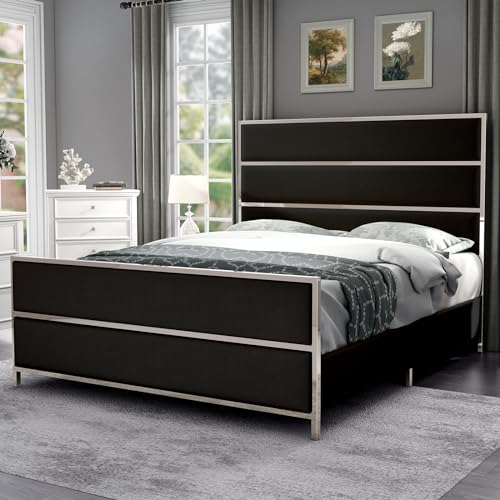 Velvet Upholstered Platform Bed with Channel Tufted and Silver Trim