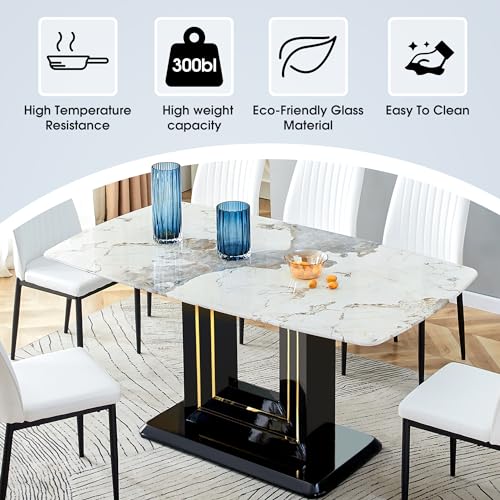 Dining Table Set for 6, White Faux Marble Pattern Table with 6 Modern Dining Chairs