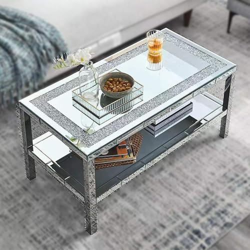 Elegant 2 Tiers of Shiny Silver Mirrored Coffee Table, Crystals Inlay 35 Inches