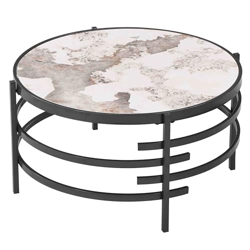 Coffee Table, Marble Stone Silver Living Room Table Modern Round