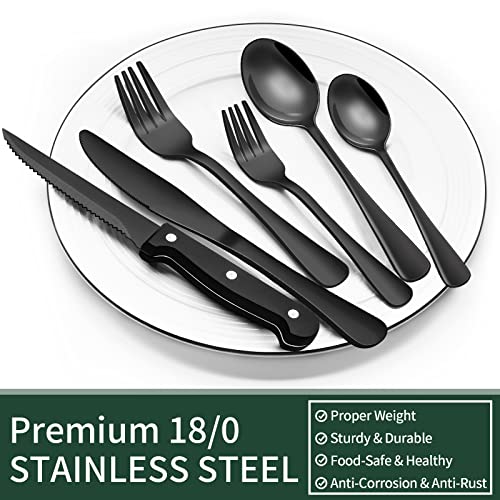 24-Piece Black Silverware Set with Steak Knives, Black Flatware Set for 4