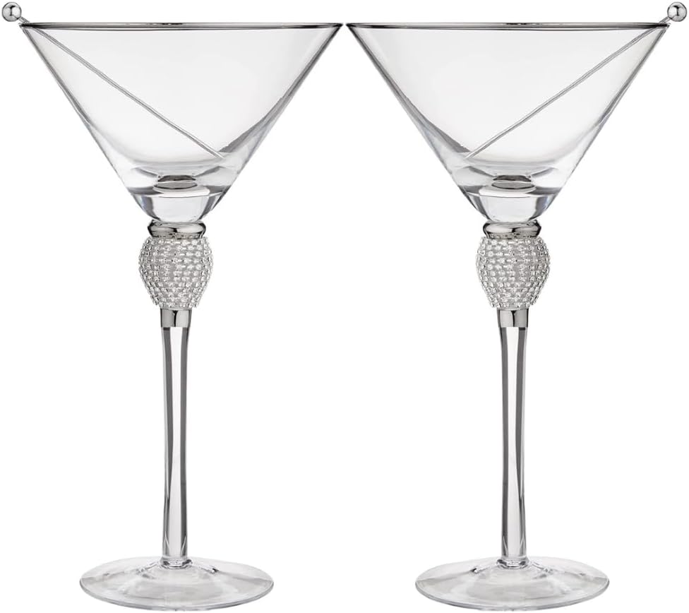 Rhinestone Studded Bling Martini Glasses Set of 2 with Silver Rim, 10 oz.