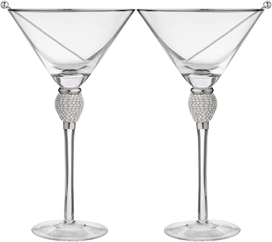 Rhinestone Studded Bling Martini Glasses Set of 2 with Silver Rim, 10 oz.