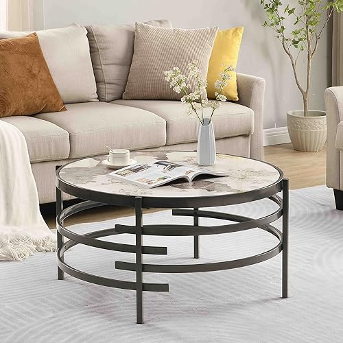 Coffee Table, Marble Stone Silver Living Room Table Modern Round