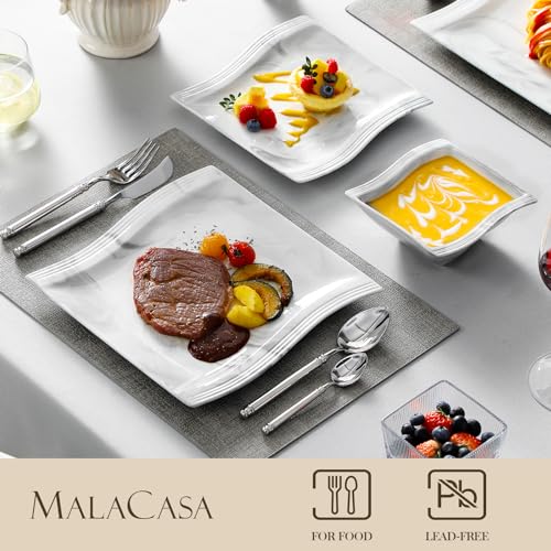 Dinnerware Sets, 12-Piece Porcelain Plates and Bowls Sets, Square Marble