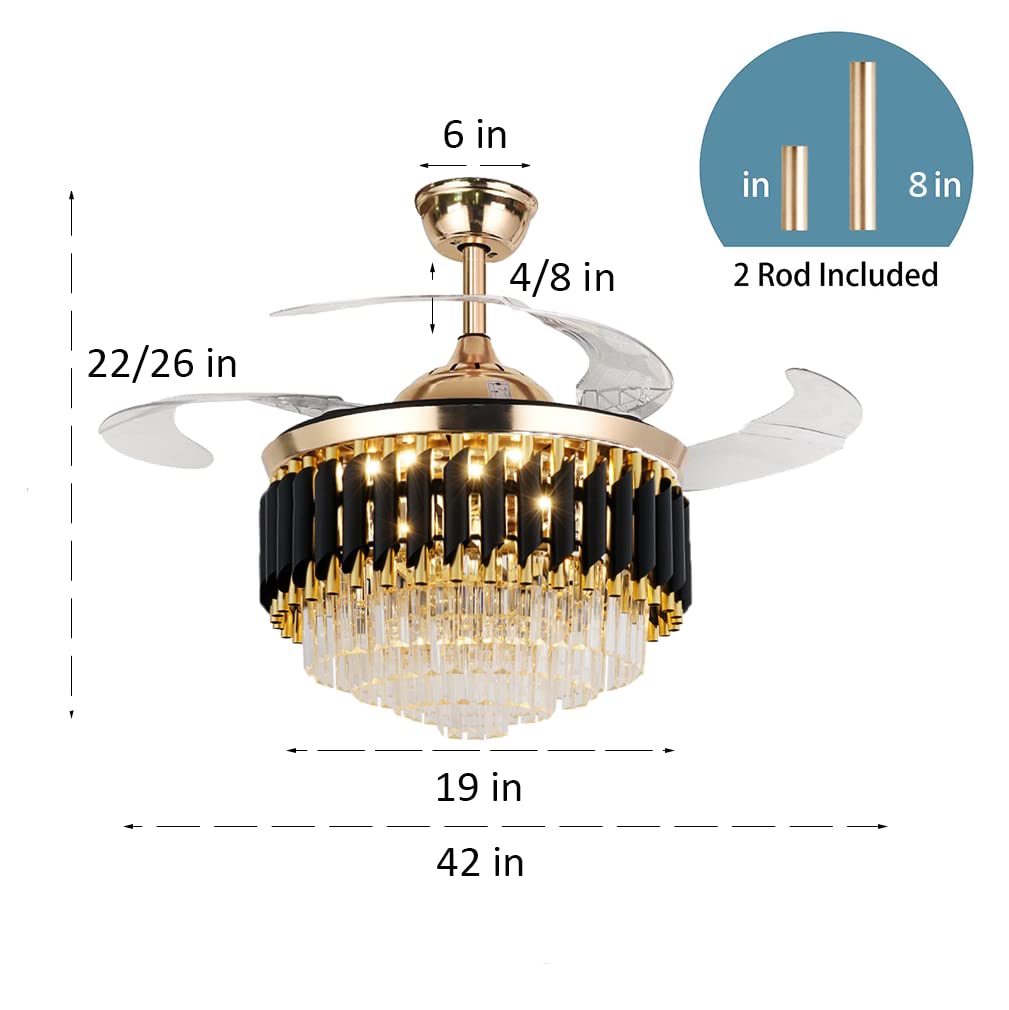 42" Crystal Chandelier Ceiling Fan and Remote, Gold Luxury Fan