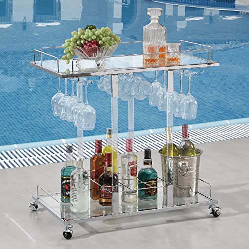 Silver Bar Cart Home Bar Serving Cart with Wine Rack 2-Tier Acrylic