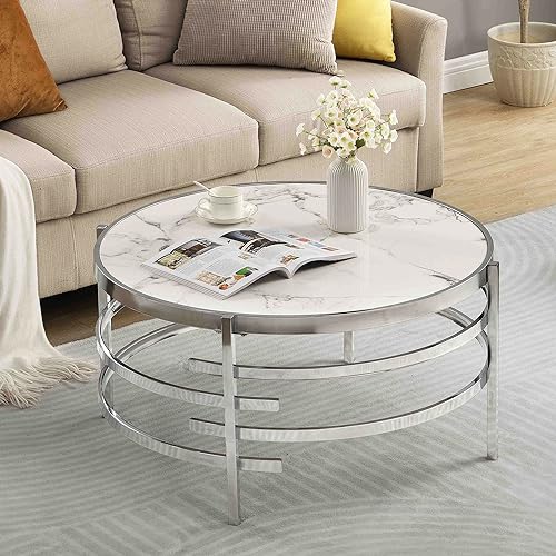 Coffee Table, Marble Stone Silver Living Room Table Modern Round