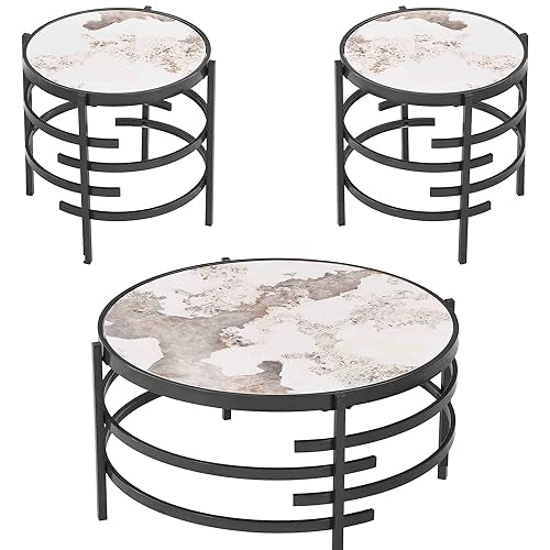 Coffee Table, Marble Stone Silver Living Room Table Modern Round