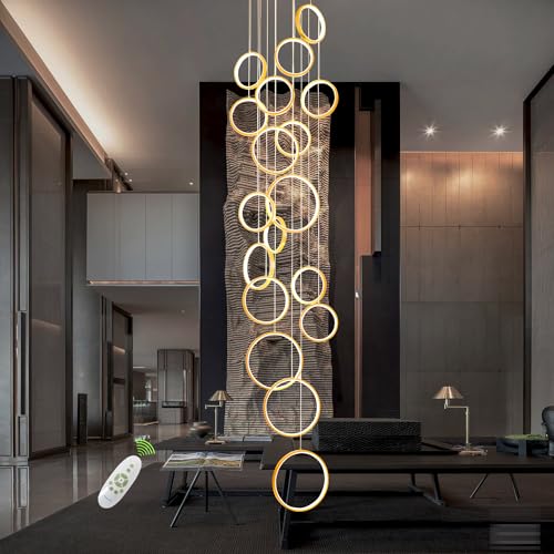 Gold Staircase Hanging 12 Ring Long Led Chandelier Dimmable with Remote Controller