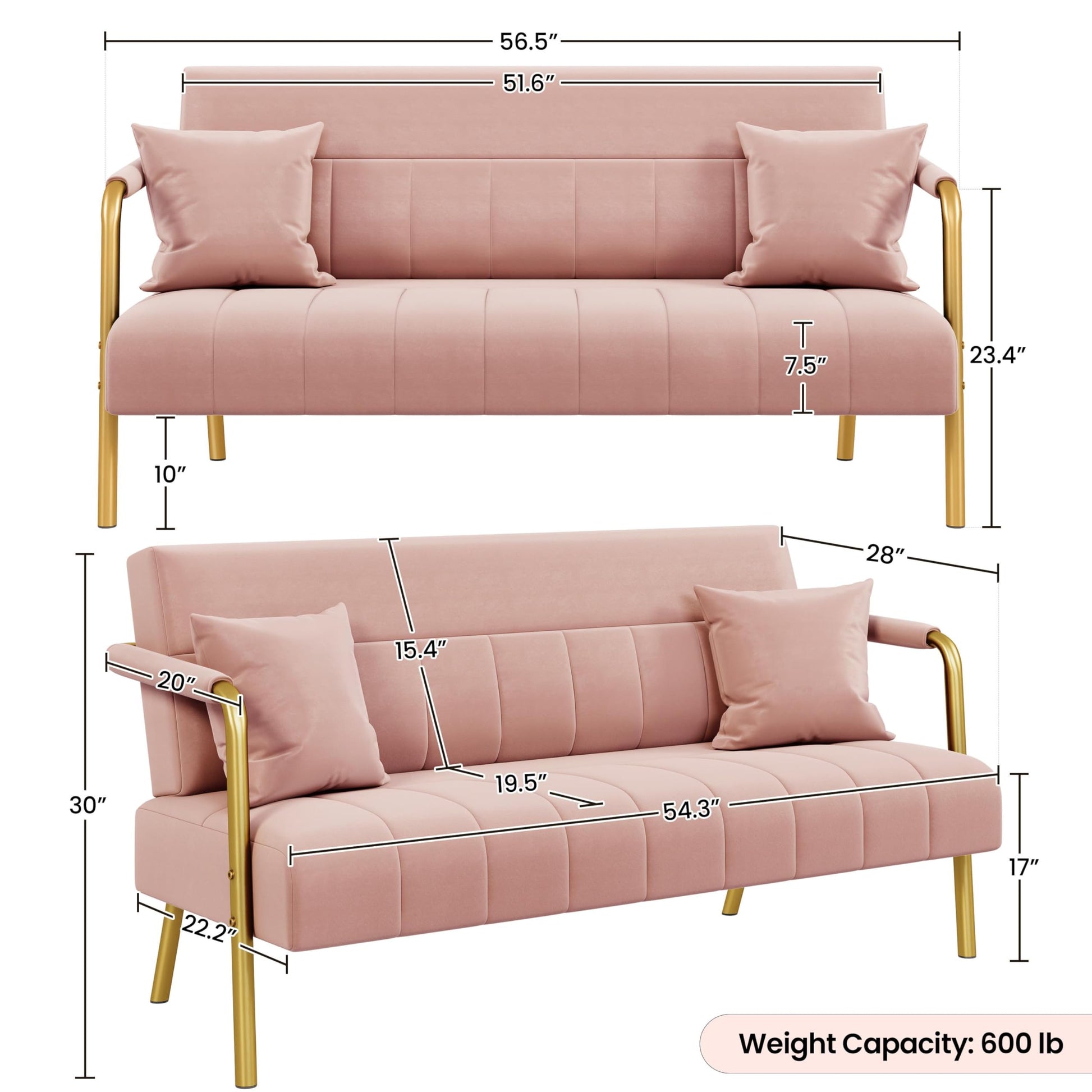 56.5" W Loveseat 2 Seater Luxurious Velvet Couch with Gold-Tone EK HOME FURNITURE