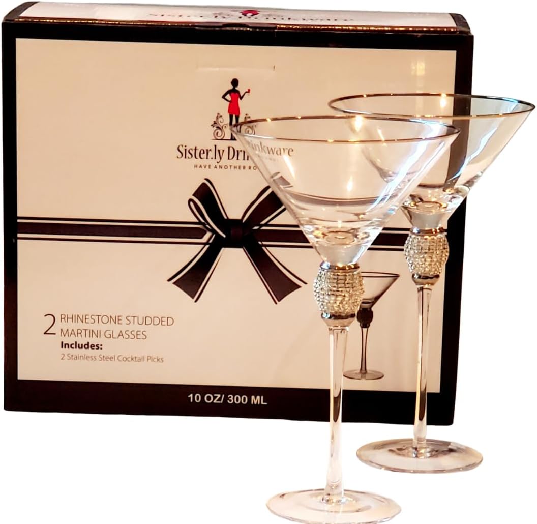 Rhinestone Studded Bling Martini Glasses Set of 2 with Silver Rim, 10 oz.