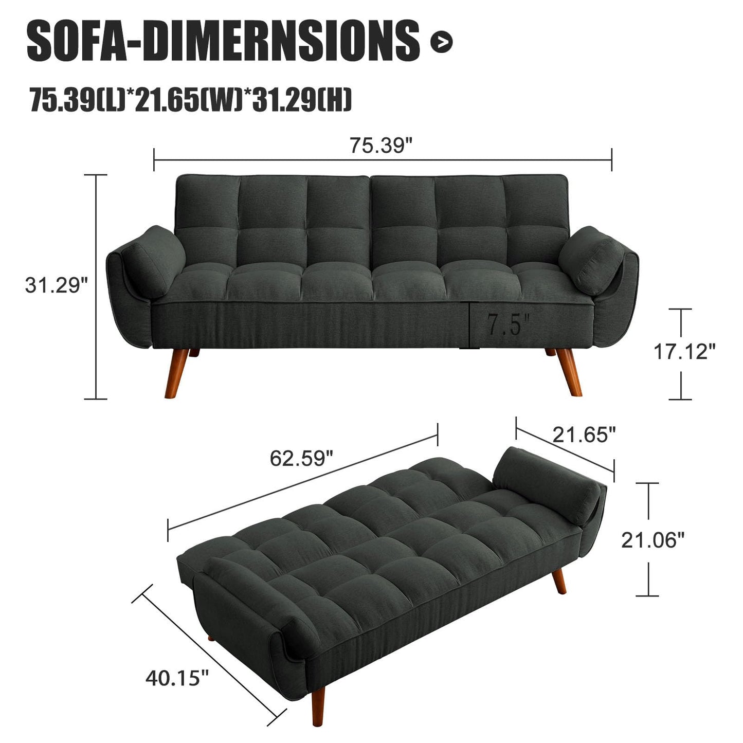 Convertible Futon Couch Bed, Sleeper Sofa Bed with Adjustable Backrests