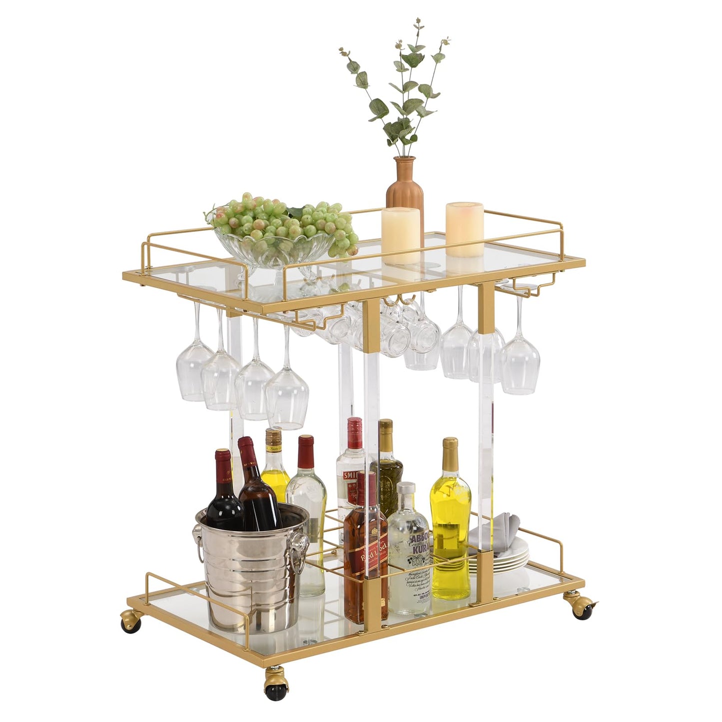 Silver Bar Cart Home Bar Serving Cart with Wine Rack 2-Tier Acrylic