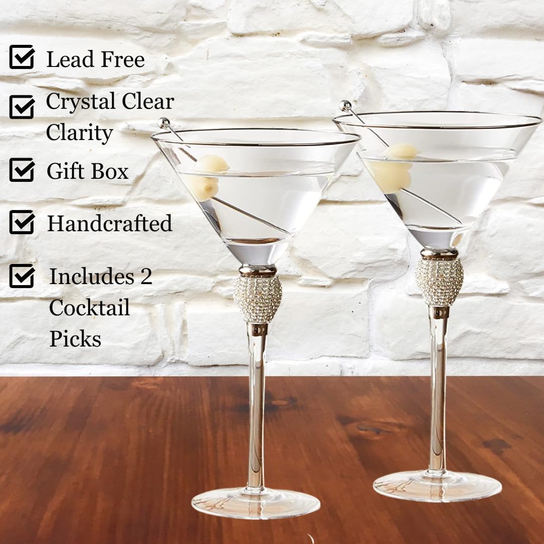 Rhinestone Studded Bling Martini Glasses Set of 2 with Silver Rim, 10 oz.