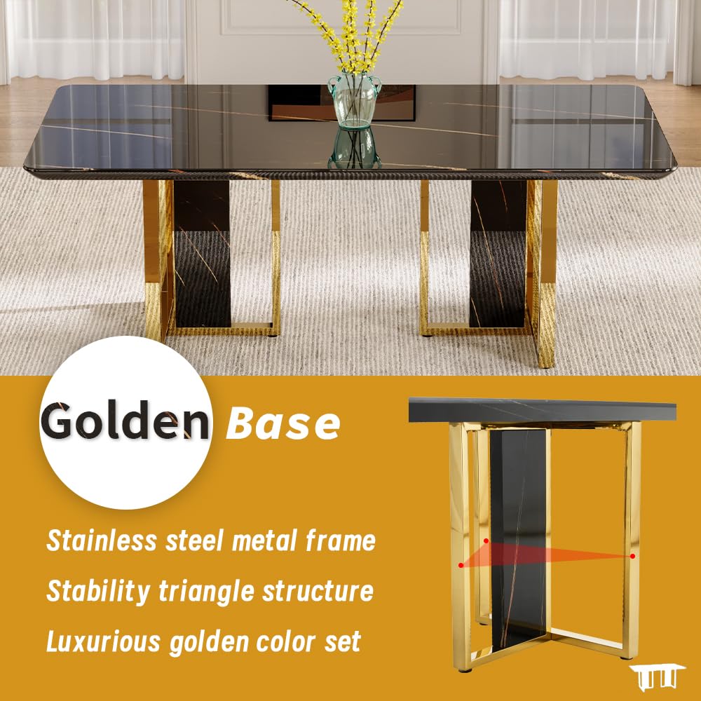 79" Black Modern Dining Table Set for 8,Black Golden Chairs