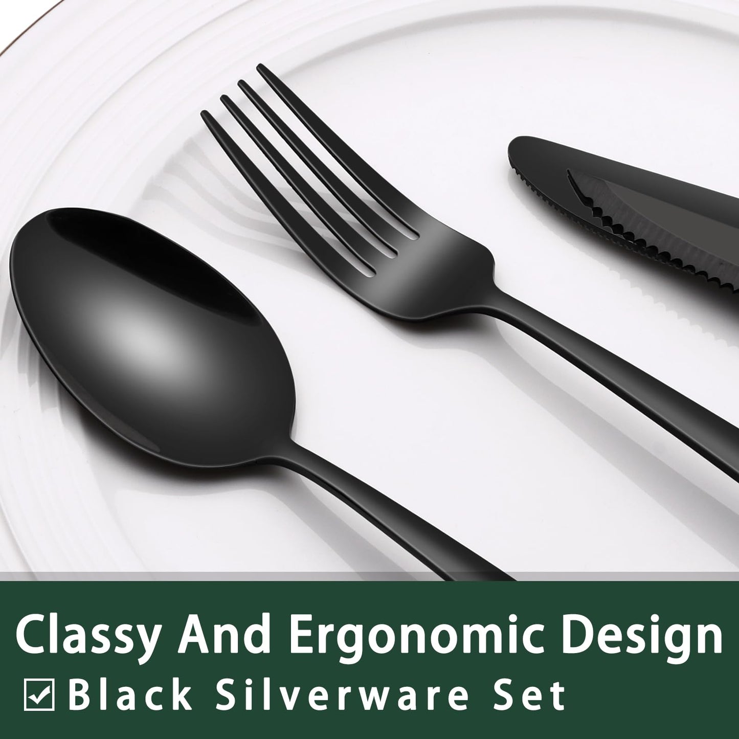 24-Piece Black Silverware Set with Steak Knives, Black Flatware Set for 4