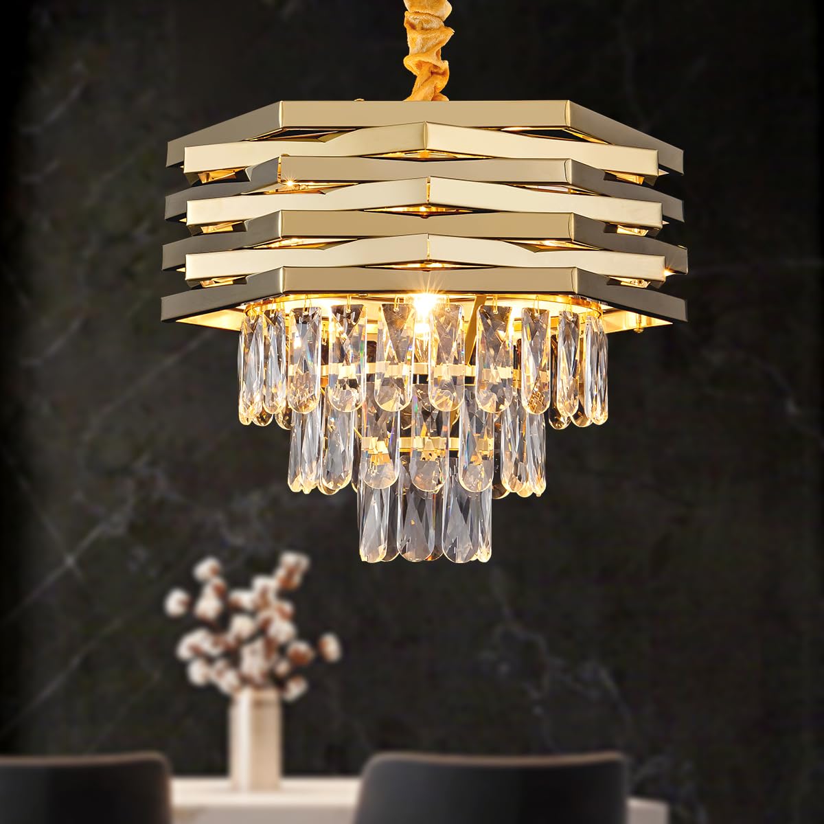 24" Crystal Chandelier Modern Gold 9-Light 5-Tier Luxury