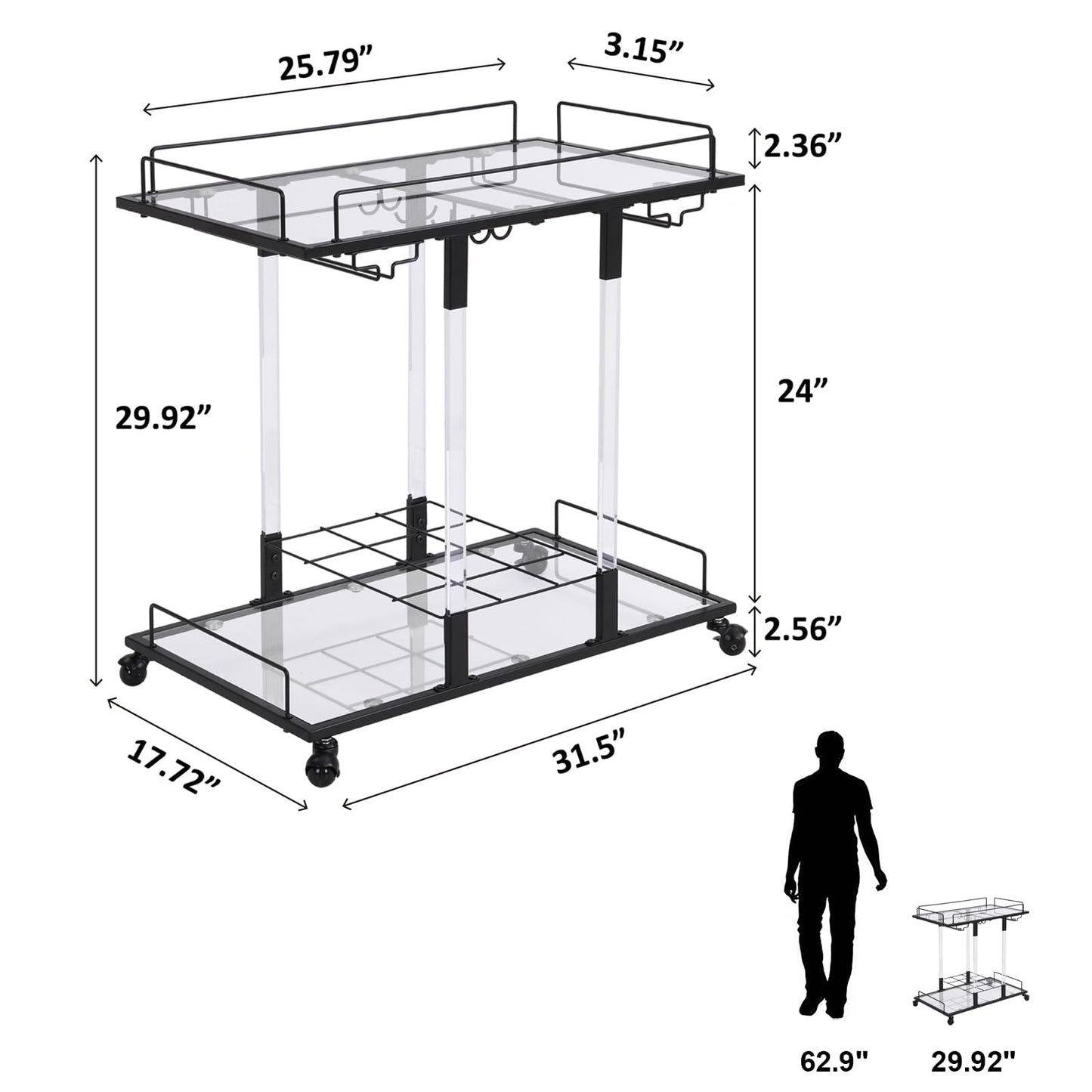 Silver Bar Cart Home Bar Serving Cart with Wine Rack 2-Tier Acrylic