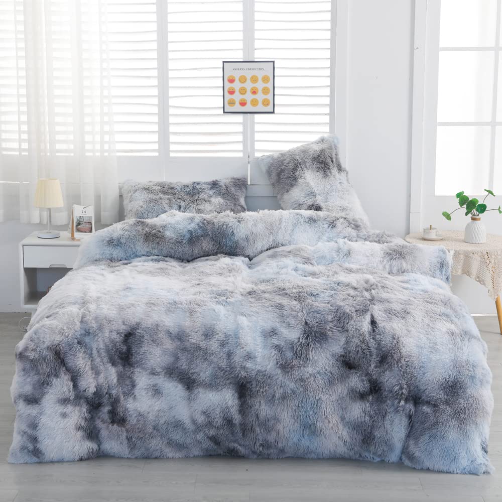 Faux Fur Tie-dyed Green Gray Black Colorful Comforter Sets Queen - 3PC Bed Set