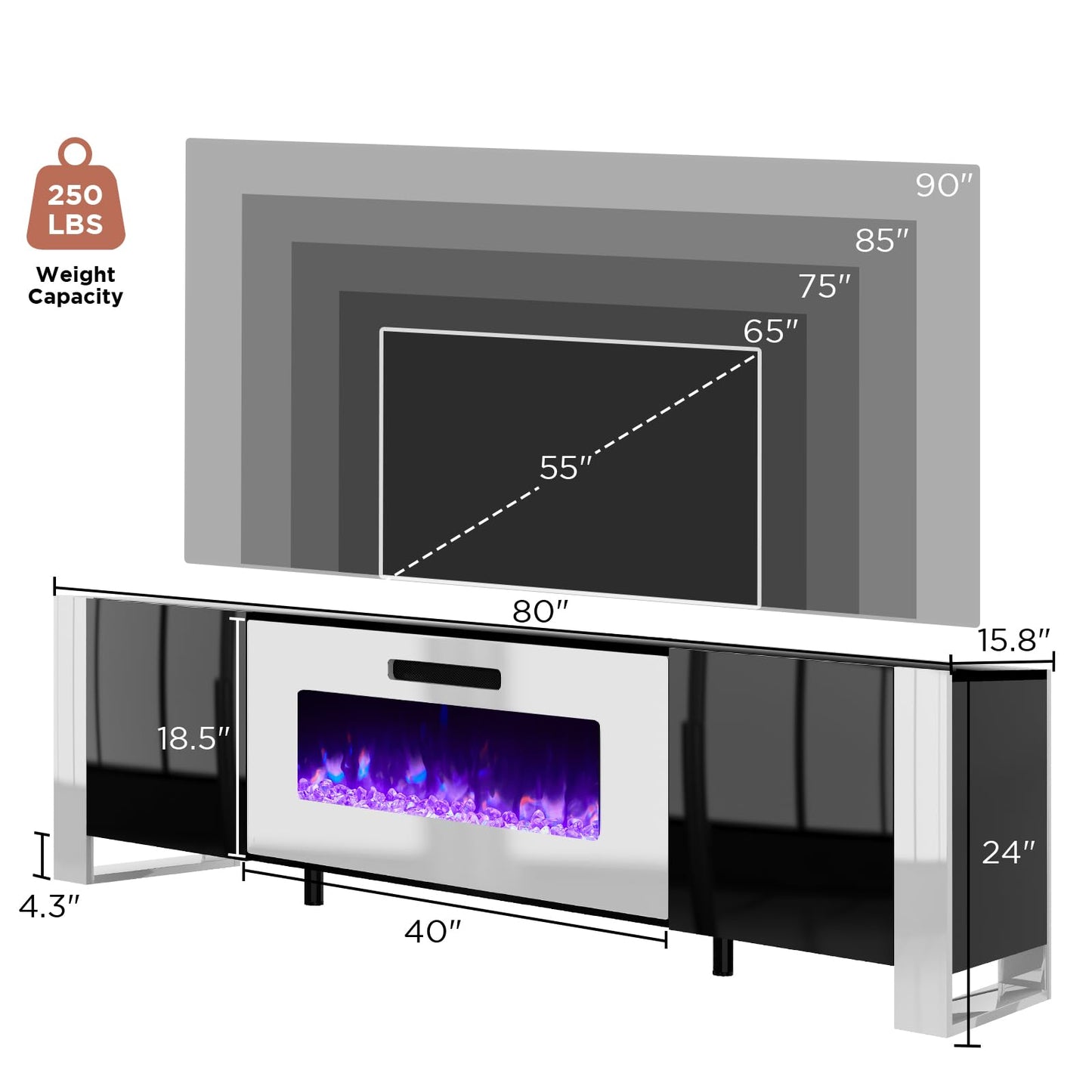 Fireplace TV Stand with 36" Fireplace, 70" Modern High Gloss Entertainment Center