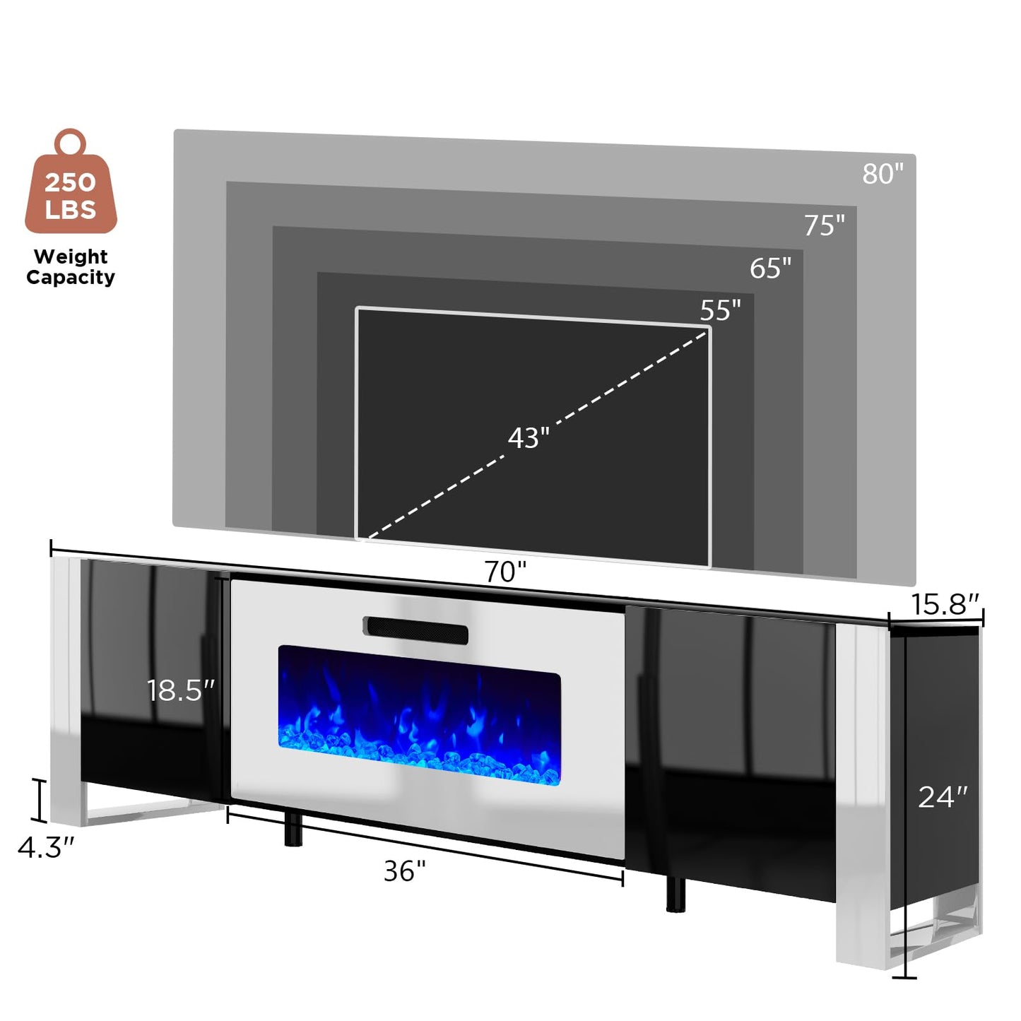 Fireplace TV Stand with 36" Fireplace, 70" Modern High Gloss Entertainment Center