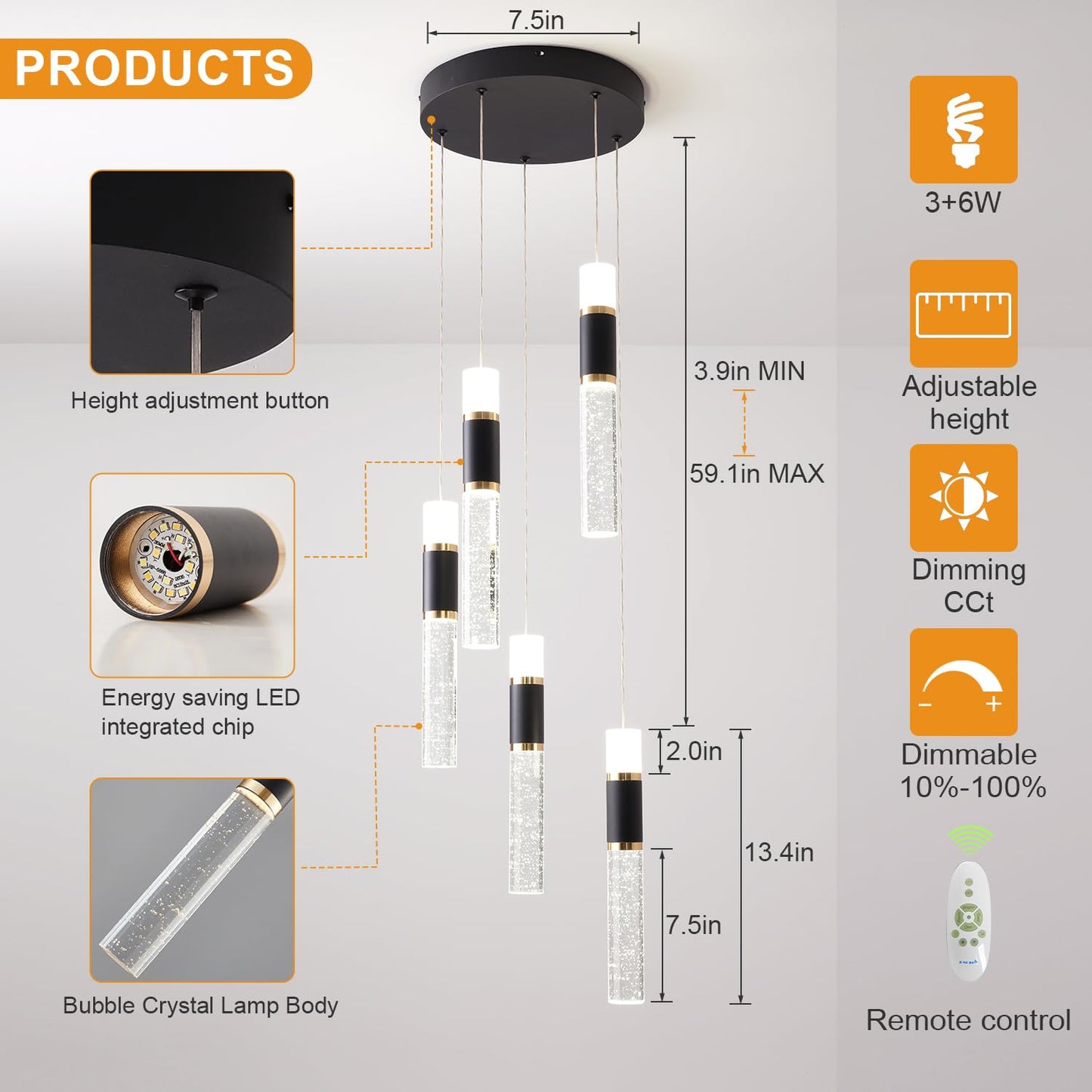 39.37" Larger Chandelier for High Ceilings, 7 Ring Dimmable with Remote